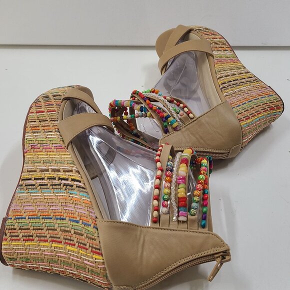 Get More Beauty Women's Platform Wedge Sandals Tan Size 7.5 Open Toe Beads Zip - Picture 10 of 12